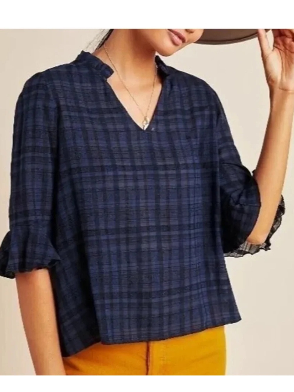 Anthropologie Dolan Blouse Left Coast Black & Blue Tandy Ruffle Top